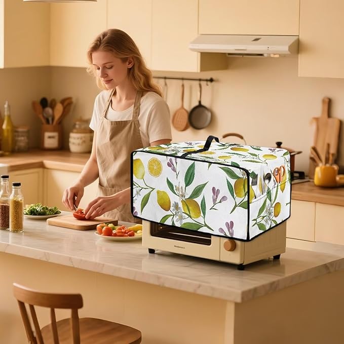 Heat-Resistant Toaster Oven Cover Faux Linen Polyester Appliances Dust Cover for Convection Toaster Oven Air Fryer with Top Handle Side Pockets Fruit Lemon