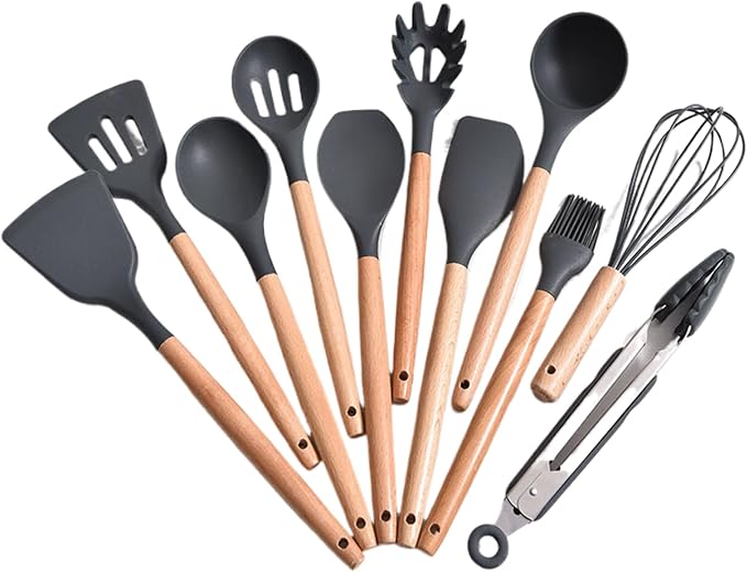 Kitchen Ceramic Cookware Sets 北欧风木柄硅胶厨具十二件套不粘锅烹饪锅铲勺收纳桶厨房 Kitchen Gadgets Cook Accessories 工具 KCookware Accessories - 1021