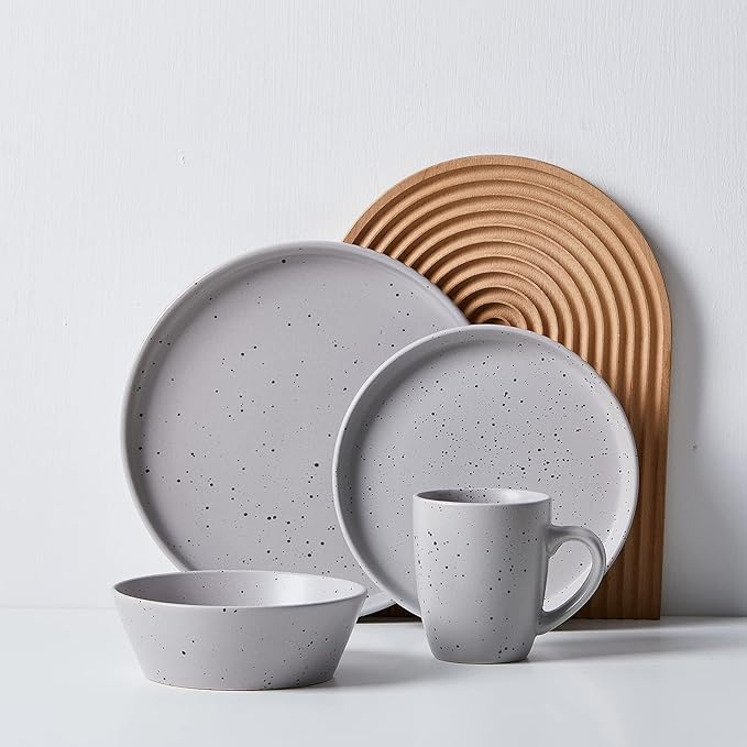 Stone Lain Jade Stoneware 16 Piece Dinnerware Set Home Kitchen Dish Set with Dinner Plates Salad Plates Bowls &amp Mugs - Service for 4 Light Grey