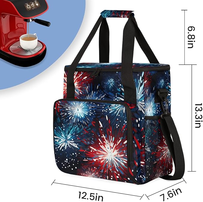 4th of JulyFireworks Coffee Maker Carrying Bag Portable Travel Storage Tote Bag Compatible with K-Mini or K-Mini Plus Single Serve Coffee Brewer Carrying Case with Multiple Pockets &amp Shoulder S