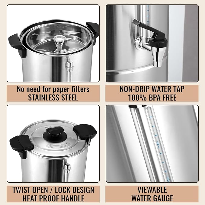VIHOSE Commercial Coffee Maker Stainless Steel Electric Coffee Urns with 5oz Paper Cups and Coffee Drip Trays Hot Water Large Coffee Dispenser for Catering Restaurant Home Party (100 Cup/ 15 L)