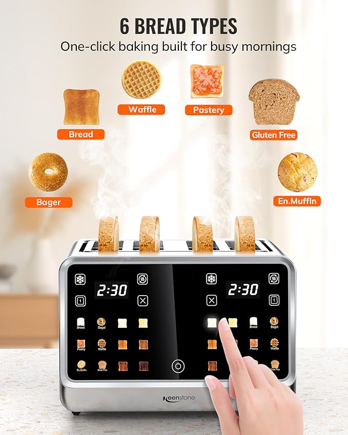 Toaster 4 Slice with TouchScreen Memory Function &amp Single-Slot Focus Keenstone 1800W Smart Digital Toaster for Ultimate Control Wide Slot to Reheat &amp Defrost Bagels Bread Waffles Stainle