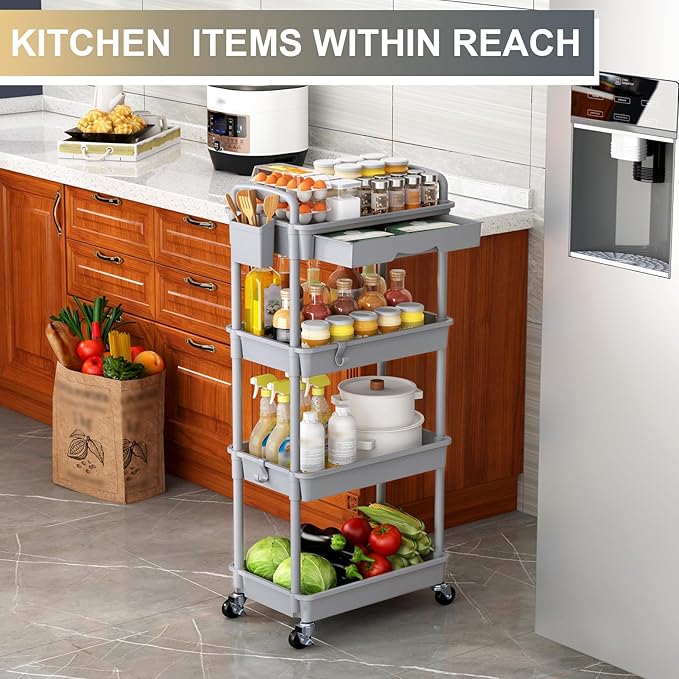 Goovilla 4 Tier Rolling Utility Cart Organizer with Removable Drawer Stable and Sturdy Grey Rolling Storage Carts with 2 Lockable Wheels for Bathroom Kitchen Snack Craft Makeup Baby Essentials