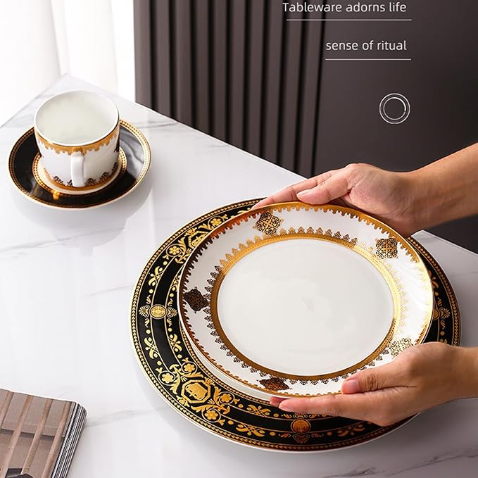 European Style Dinnerware Set Service for 6 Bone China Dinnerware Sets Unbreakable Porcelain Dinner Sets Coffee Cup and Saucer Tableware Set Steak Dinner Plates Dish Set Black bone china-07