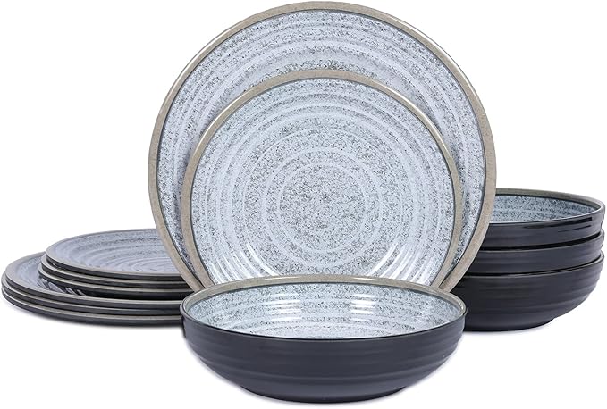 Melamine Dinnerware Sets 12 PCS - Service for 4 Plates &amp Bowls Sets Dishwasher Top-Shelf Safe BPA Free Dinner Dishes Set for Everyday Use-Granite Pattern Black Back