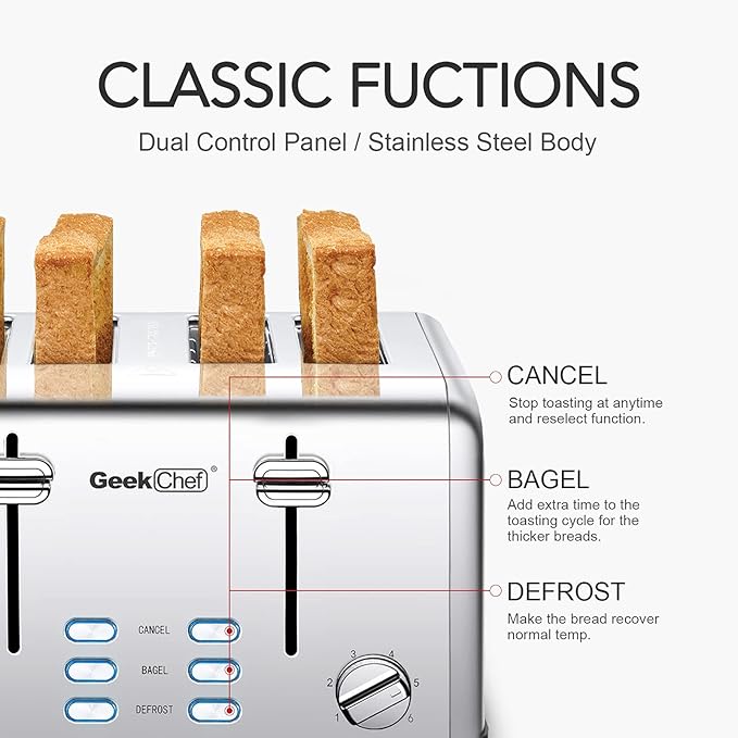 Toaster 4 Slice Geek Chef Stainless Steel Extra-Wide Slot Toaster with Dual Control Panels of Bagel/Defrost/Cancel Function 6 Toasting Bread Shade Settings Removable Crumb Trays Auto Pop-Up
