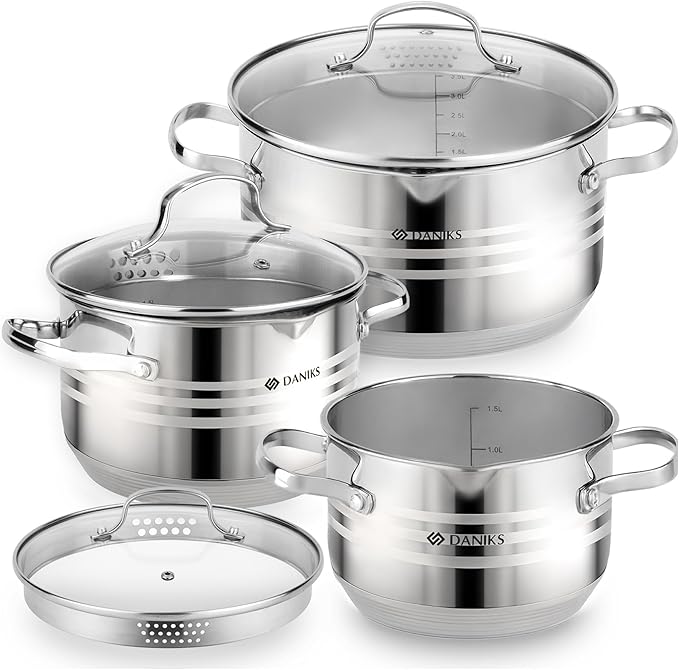 Daniks Tokio Stainless Steel Cookware Set 6-Piece – 2 qt 3 qt 4.5 qt Pots with Glass Strainer Lids Induction Ready Dishwasher Safe Measuring Scale Silver