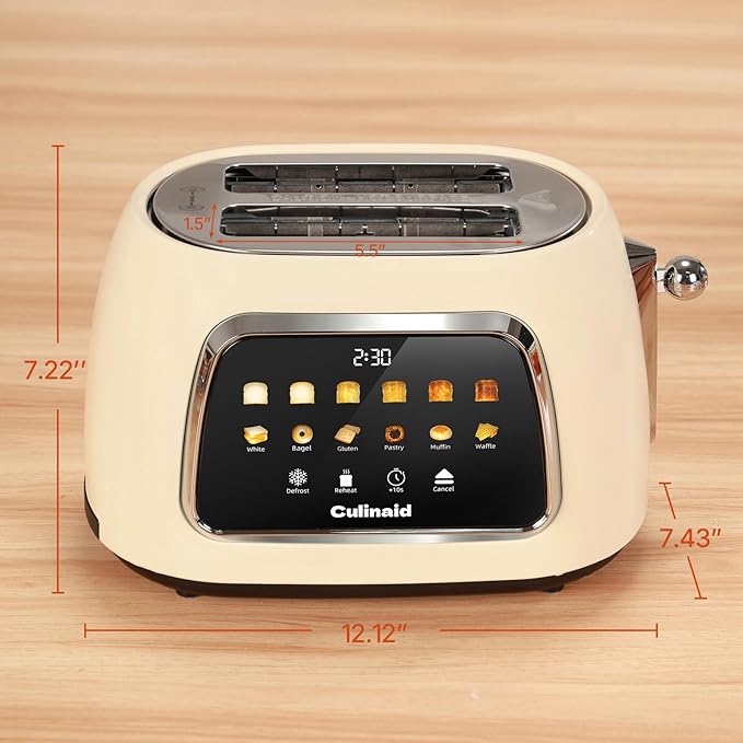 Toaster 2 Slice Smart Touch Screen Retro 1.5'' Extra Wide Slot Stainless Steel Digital Bread Toaster with Memory Function Bagel Defrost 6 Browning Levels and Removable Crumb Tray Cream