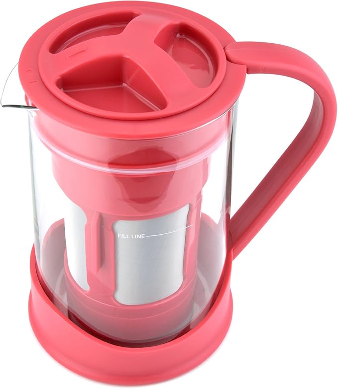 Cold Brew Coffee Maker 1 Liter (4-Cups) Capacity Great for Flavorful Iced Coffee That Stays Fresh Longer Borosilicate Glass Easy Cleaning Fun Ideas and Recipe Booklet 8x5 Inches Red