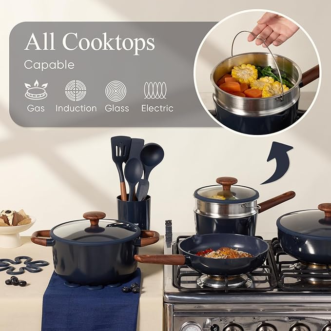 CAROTE 21pcs Cookware Set Nonstick Pots and Pans Set Ceramic Cookware Set Induction Cookware Non toxic Healthy Non Stick Kitchen Cooking Set PFAS PTFE Free Blue