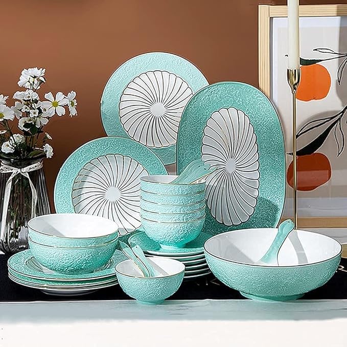 Ceramics Dinner Set Kitchen and Dining Service Durable Kitchen Dinnerware Set Dinner Salad Appitizer Dessert Plate Bowls Best for Indoor and Outdoor Party Creativity Villa Table Decor (Blue 28Pcs)