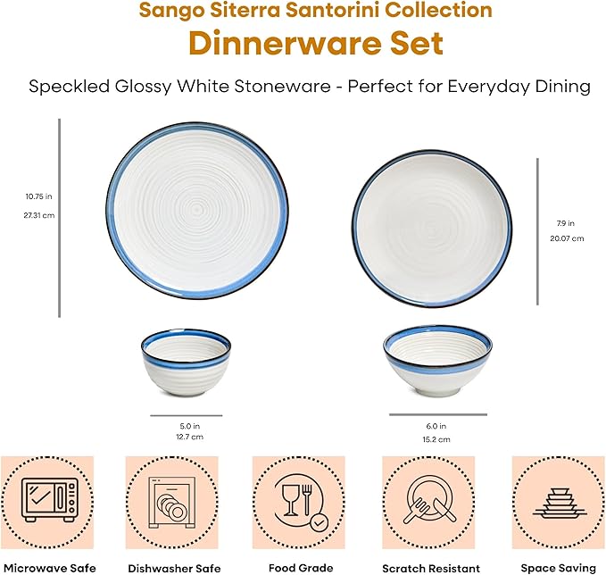 Sango Siterra Santorini 16-Piece Stoneware Dinnerware Set for 4 Ceramic White Plates and Bowls Sets with Blue Rim &amp Reactive Glaze Chip Resistant Dish Set Microwave &amp Dishwasher Safe Kitche
