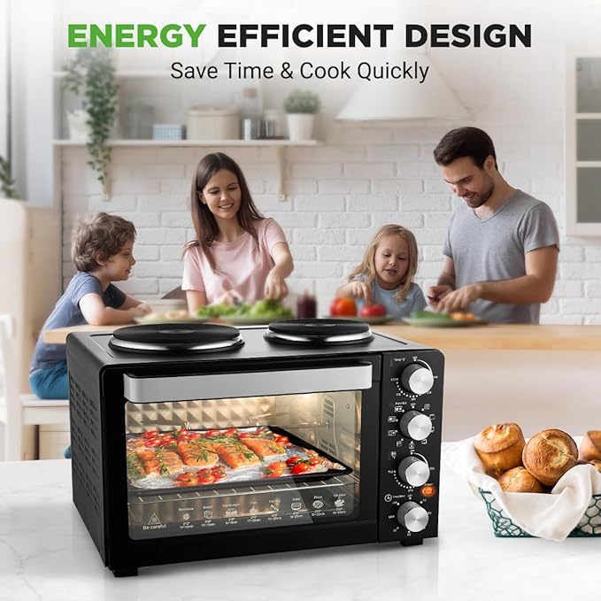 NutriChef 30 Quart Kitchen Convection Oven &amp 2 Burner Cooker - 1500 Watt Oven - 7 Cook Functions Rotisserie Cook Bake Broil &amp More - Includes Baking Tray Skewers &amp Handles - 19.6 x 16.