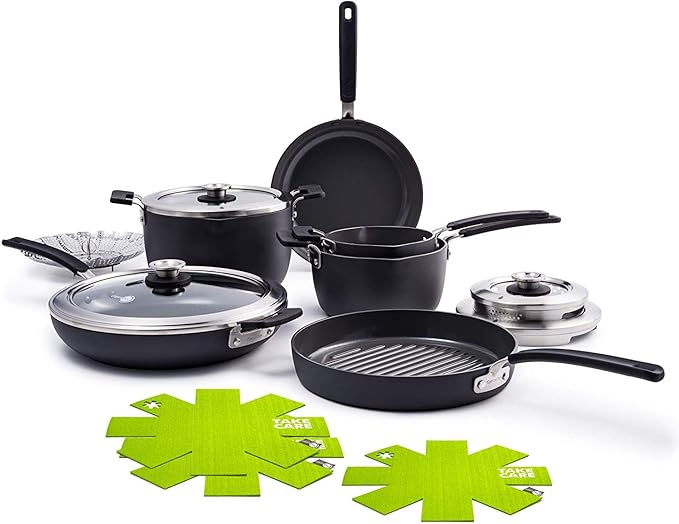 GreenPan Levels Stackable Hard Anodized Healthy Ceramic Nonstick 11 Piece Cookware Pots and Pans Set PFAS-Free Dishwasher Safe Black