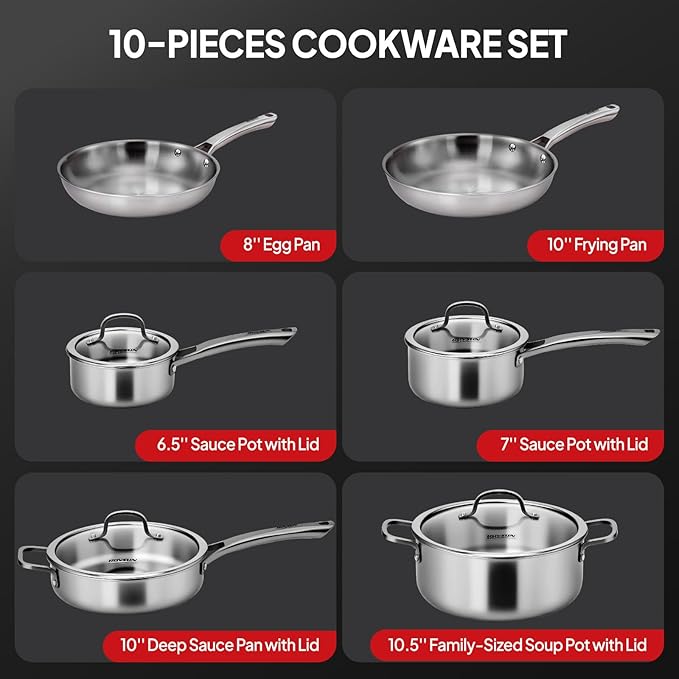 ROVSUN 10-Pcs Stainless Steel Cookware Set Tri-Ply Pots and Pans Set Non-Toxic Kitchen Set PFOA &amp PTFE Free Full Clad Frying Pans Saucepans Saute Pan &amp Stock Pot Compatible for All Cook