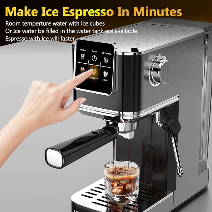 Espresso Machine 20 BarTouch Screen Espresso Maker with Steam Milk FrotherCompact Stainless Steel Coffee Machine for Cappuccino Latte Americano Espresso CoolGift for Coffee LoversBlack