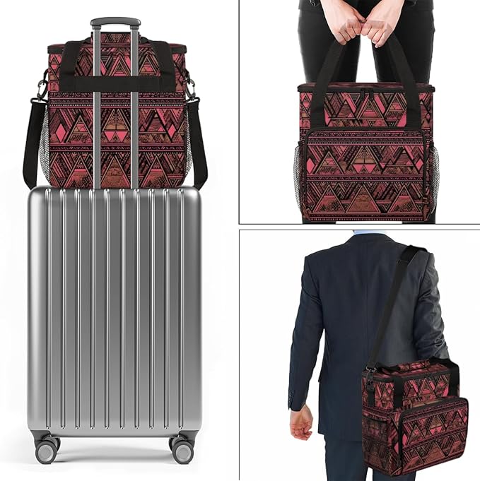 Retro Red Aztec Coffee Maker Carrying Bag Geometry Travel Storage Bag Compatible with K-Mini or K-Mini Plus Single Serve Coffee Brewer Carrying Case with Multiple Pockets &amp Shoulder Strap