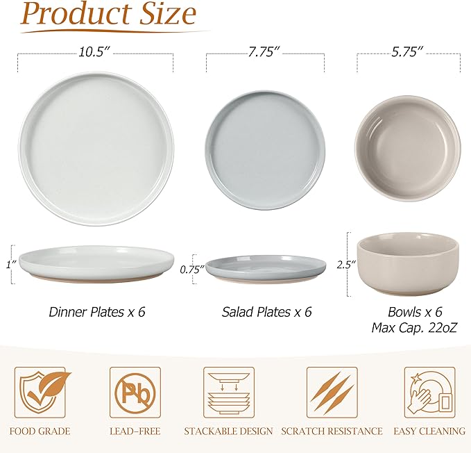 LIANYU 24 Pieces Dinnerware Sets with Pasta Bowls for 6 Stoneware Plates and Bowls Dish Set Ceramic Dinner Set for Salad Cereal Dinner Microwave &amp Dishwasher Safe Three-color