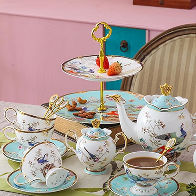 ACMLIFE Bone China Dinnerware Set 12 Pieces with 2-Tier Vintage Floral Afternoon Tea Stand