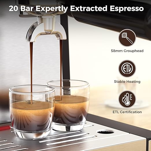 COWSAR (2025 New) Espresso Machines with Built-in Anti-Clog 20 Bar Expresso Coffee Machines with Milk Frother Steam Wand Commercial Espresso Machine with Grinder for Latte Cappuccino Americano
