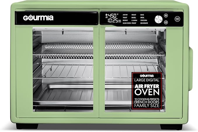 Gourmia French Door Air Fryer Oven - 37 Qt Large Capacity Convection Toaster Oven FryForce 360° Digital Display 12 Cooking Presets Dehydrate Fits 13” Pizza Dishwasher-Safe Green