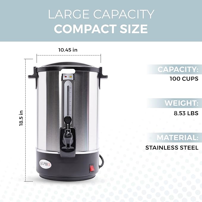 ALPHA LIVING 100 Cups Electric Coffee Urn – Stainless Steel Large Capacity Electric Kettle Percolator Coffee Pot – Ideal Hot Beverage Dispenser for Catering Hotels Restaurants –Leak-Proof Tap