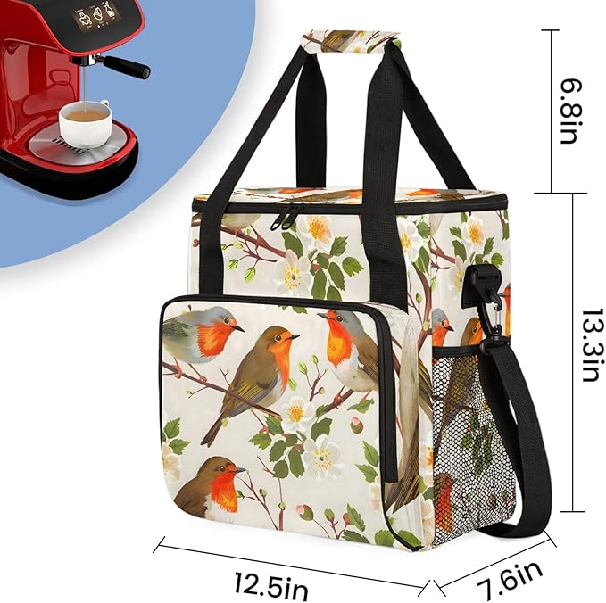 Floral Bird Coffee Maker Carring Bag Large Insulated Storage Organizer Case Tote Bags with Shoulder Strap for Travel Work Picnic