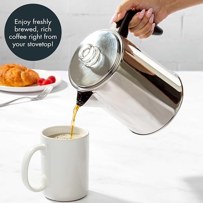 Primula Stovetop Coffee Percolator Premium Stainless Steel Coffee Maker with Reusable Filter Basket Non-Drip Spout Glass Knob Brew Indicator and Heat Resistant Handle Dishwasher Safe 8 Cup