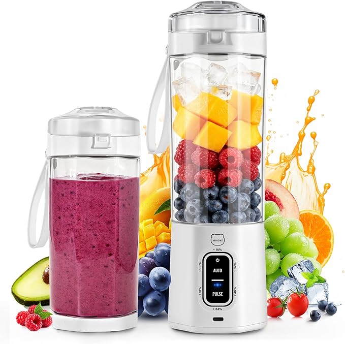 MIAOKE 2026 Upgrade 700 ML Portable Smoothie Blender Rechargeable Personal Blende Contains both Automatic and Pulse Functions with Travel Cup and Lid 6 Sharp Blades Mixer Blender Machine Kitchen