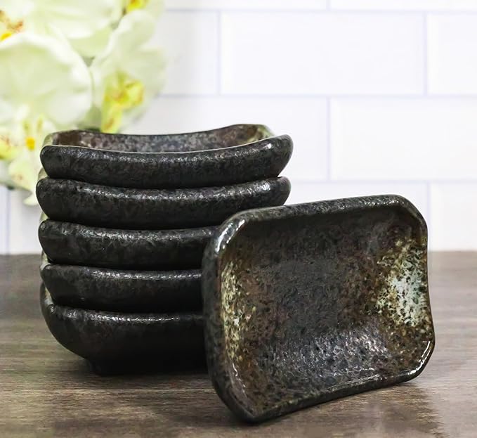 Ebros Gift Artistic Charcoal Grey Tone Hakumu Porcelain Collection Dinnerware Serveware Kitchenware Set Asian Japanese Restaurant Supply (Pack Of 6 Rectangle Condiment Sauce Dishes 2oz)