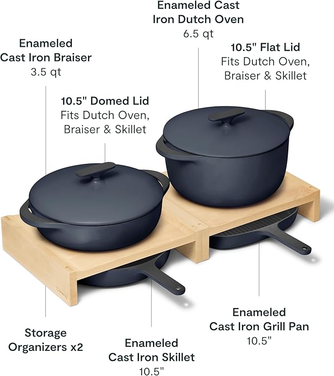 Caraway 8-Piece Enameled Cast Iron Set - 10.5” Skillet Grill Pan 3.5 qt Braiser Pan 6.5 qt Dutch Oven with Lid and Organizers - Non-Toxic 3-Layer Enamel Coating - No Seasoning Required - Dark Navy