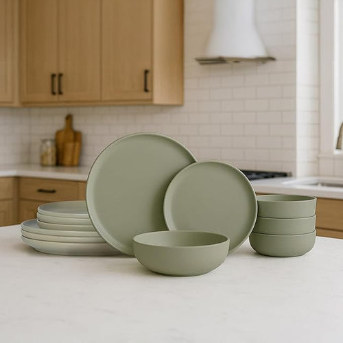 12-Piece Matte Green Dinnerware SetStoneware Dinnerware for 4 Microwave &amp Dishwasher Safe Stackable Design for Kitchen and Dining - Plates and Bowls