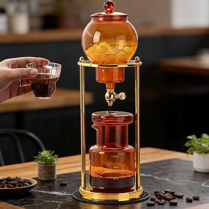 Cold Drip Coffee Maker Cold Brew Drip Tower Adjustable Water Flow Stainless Steel Frame Borosilicate Glass Pot for Home Office Bar Restaurant