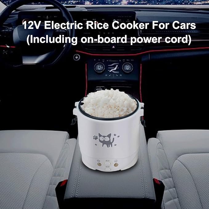 Mini Rice Cooker Vehicle-Mounted Rice Cooker 12V Thermal Insulation and Protection Function 1L Portable Steamer Boiling Pot Portable Handle Outdoor Boiling Cooker Portable Cooker (White)