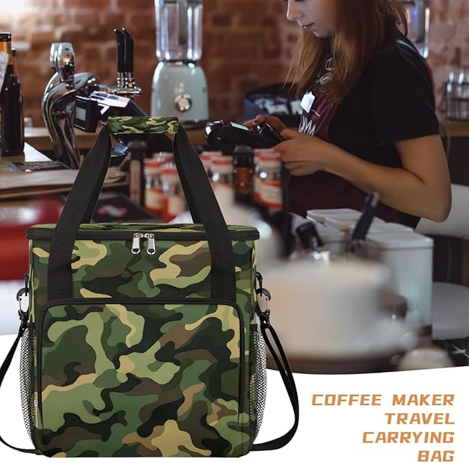 Black Green Camouflage Coffee Maker Carring Bag Travel Carrying Storage Tote Bag Compatible with Keurig K-Mini or K-Mini Plus Portable Single Serve Coffee Brewer Case with Pockets for K-cup Pods