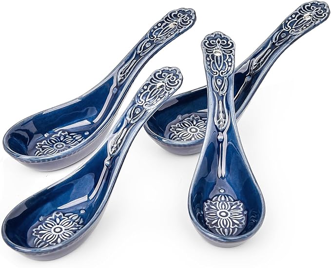 Sungmor Embossed Stoneware Fine Dining Dinnerware Antique Baroque Style Porcelain 5.5 Inch Soup Spoons Set of 4 Blue Ceramic Chinese Spoons Asian Style Spoon for Miso Soup Ramen Dumpling