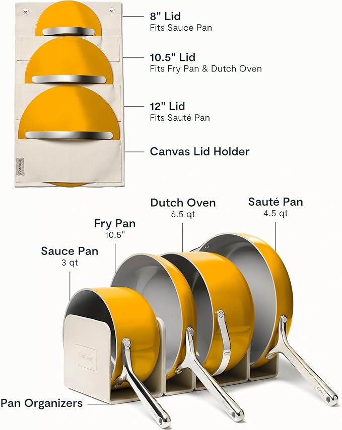 Caraway Non-stick Ceramic Cookware Set (12 Piece) Pots Pans Lids and Kitchen Storage - PFAS &amp PFOA Free - Oven Safe Pan Set &amp Compatible with All Stovetops - Marigold