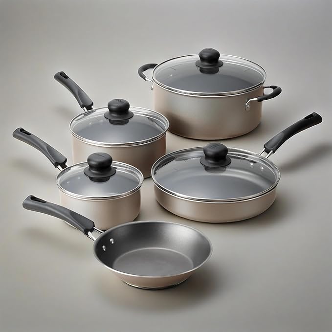 Cookware Set 9-Piece Non-stick Cookware Set Includes Frying Pan and Soup Pot Stackable Dishwasher and Oven Safe Suitable for Frying Making Sauces and Stir-frying (Gray)