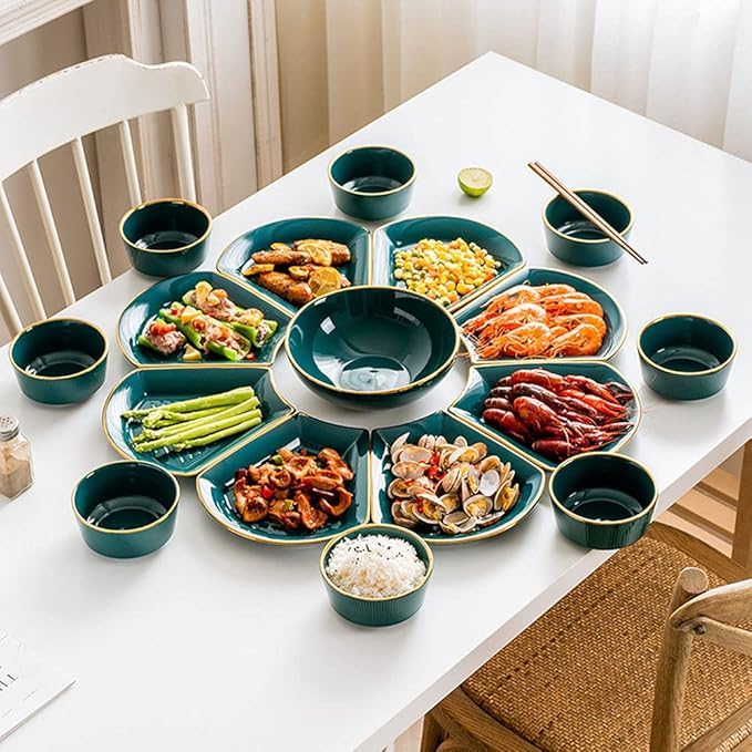 17 Pcs Bone China Dinner Sets Patchwork Design Light Luxury Dinnerware Set Ceramic Tableware Dinner Plates Set for Family Gathering
