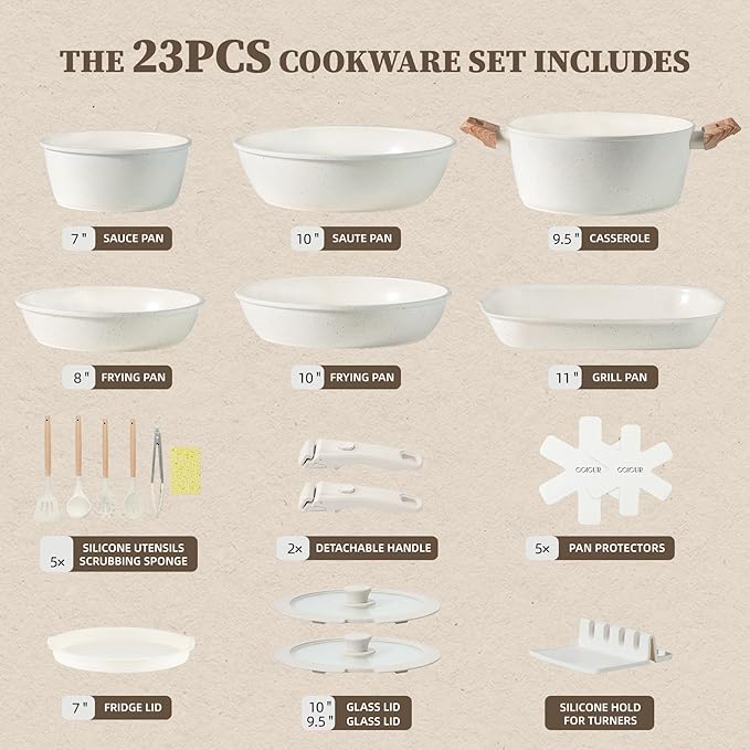 Ceramic Cookware Set Non Stick 23Pcs Pots and Pans Set Non Toxic with Detachable Handle Induction Kitchen Cookware Set Space Saving Oven &amp Dishwasher Safe Cream