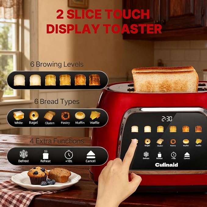 Toaster 2 Slice Smart Touch Screen Retro 1.5'' Extra Wide Slot Stainless Steel Digital Bread Toaster with Memory Function Bagel Defrost 6 Browning Levels and Removable Crumb Tray Red