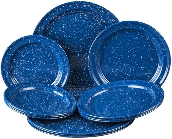 Cinsa 23 Piece. Enameled Dinnerware Camping/Outdoor Set for 4. Includes Plates Bowls Mugs Coffee Boiler.