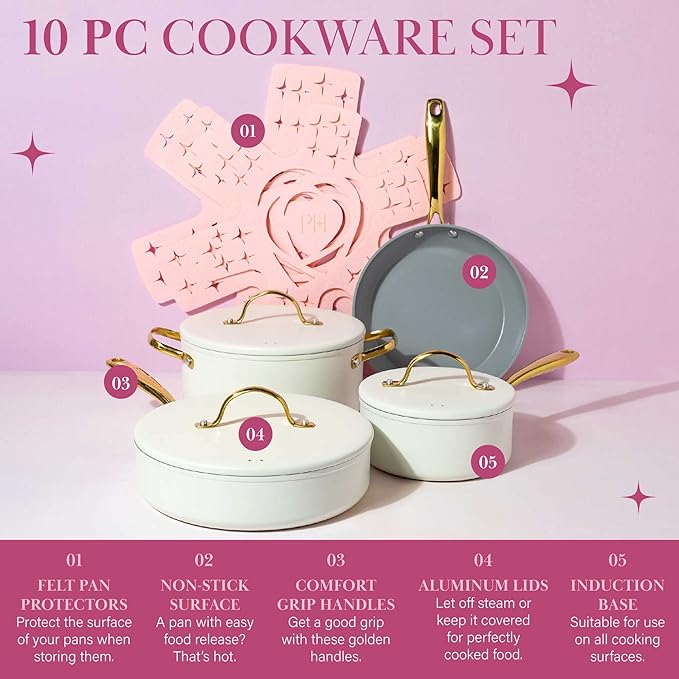Paris Hilton Iconic Nonstick Pots and Pans Set Multi-layer Nonstick Coating Matching Lids With Gold Handles Made without PFOA Dishwasher Safe Cookware Set 10-Piece Cream