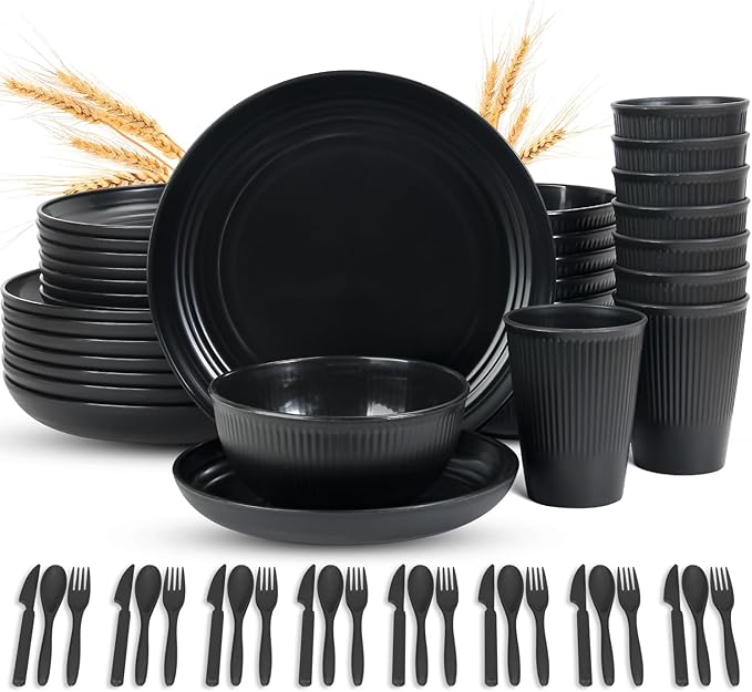 LAERJIN 56 Piece Wheat Straw Dinnerware SetsUnbreakable Reusable Dinnerware SetDishwasher &amp Microwave Safe Plates and Bowls Sets for Apartment Essentials Outdoor Camping Black