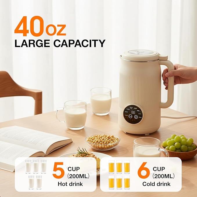 8-IN-1 Nut Milk Maker 40 oz Soy milk Machine Maker Homemade Almond Oat Coconut Plant Based and Dairy Free Beverages Countertop Blender With Delay Start/Keep Warm/Boil Water/Self-Cleaning