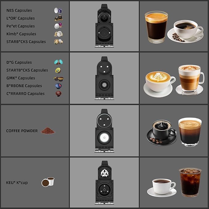 KOTLIE 4-in-1 Espresso Capsule Coffee Machine Single Serve Coffee Maker for K*cup/Nes/DG/Ground Coffee 19Bar 1LST-550(silver)