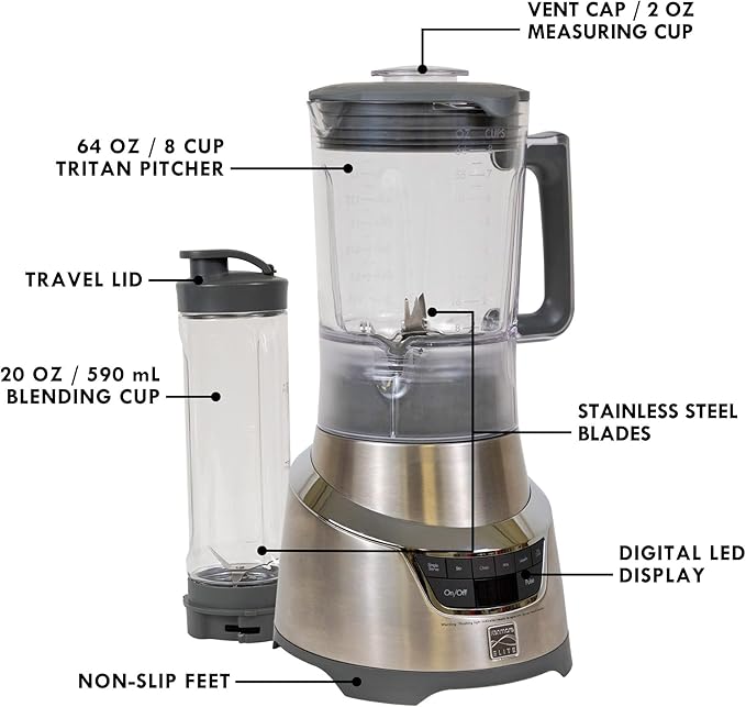 Kenmore Elite 1.3 HP 64 oz Blender With 20 oz Single-Serve Blending Cup Powerful Ice-Crushing Motor 8-Cup (1.9L) Tritan Pitcher 20 oz (600 mL) Travel Cup with To-Go Lid Grey and Stainless Steel