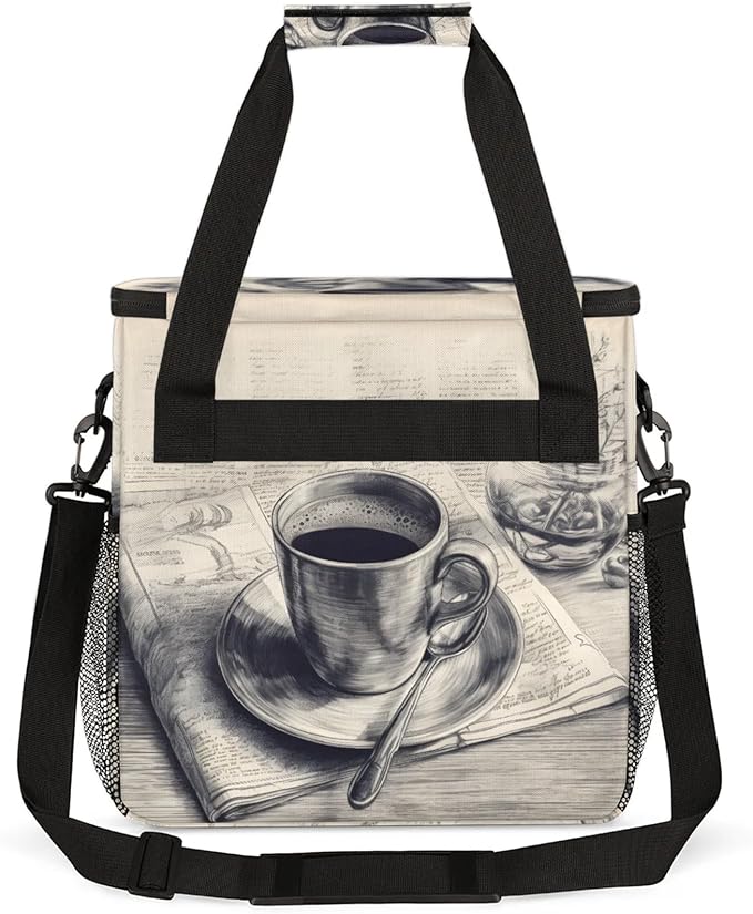 Retro Coffee Print Coffee Maker Travel Bag for Keurig K-Mini/K-Mini Plus Insulated Waterproof Tote with Pockets for K-Cup Portable Single-Serve Brewer Case