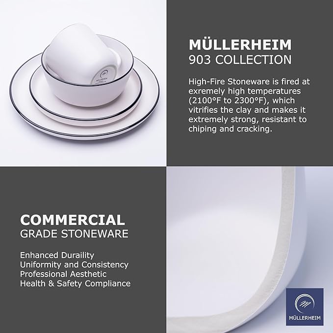 MÜLLERHEIM 903 Minimalist Collection 32-Piece Contemporary Ceramic Stoneware Dinnerware Sets for 8 Matte Frost White Plates and Bowls sets Dinner Plates Set Salad Dish Set Bowls Cup