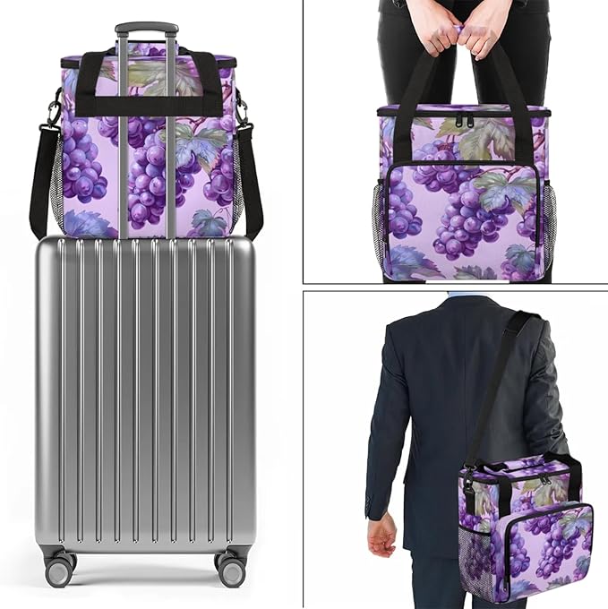 Grape Print Coffee Maker Travel Bag for Keurig K-Mini/K-Mini Plus Insulated Waterproof Tote with Pockets for K-Cup Portable Single-Serve Brewer Case